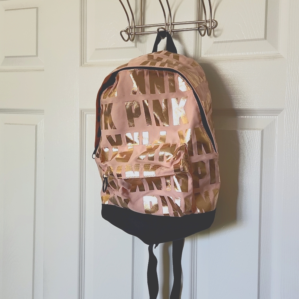 Victoria's Secret PINK Rose Gold Mini Bookbag with Gold Metallic Writing